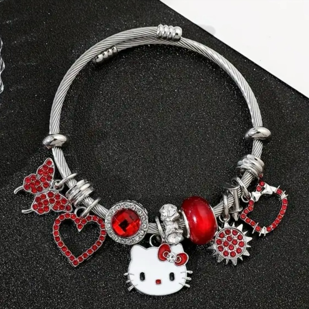 Hello Kitty Charm Bracelet with Red Accents & Silver Cable Bangle